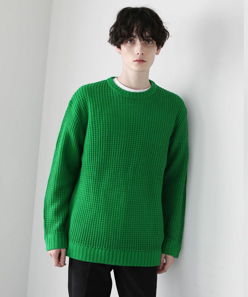 美品　MHL. ワッフルニット　セーター　カーキ　ウール100% 畦編み　L 美品 MHL. ワッフルニット セーター カーキ ウール100% 畦編み L