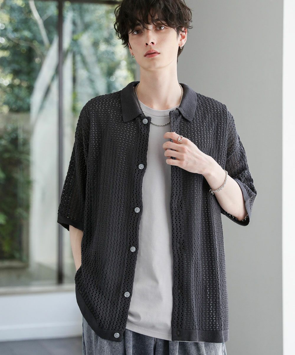 forksy.】衿付きレースアップ メッシュ サマーニットポロシャツ forksy.│MONO-MART [モノマート] 公式オンラインストア Allege アレッジ　ブラックメッシュニット 半袖　ニットポロシャツ