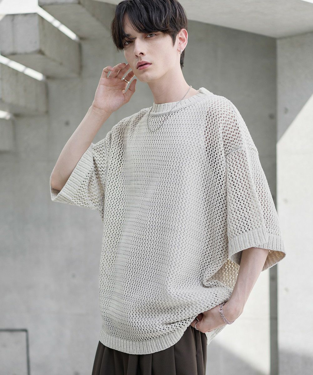 透かし編みメランジドルマンメッシュ5分袖ニット | ASTRONOMY