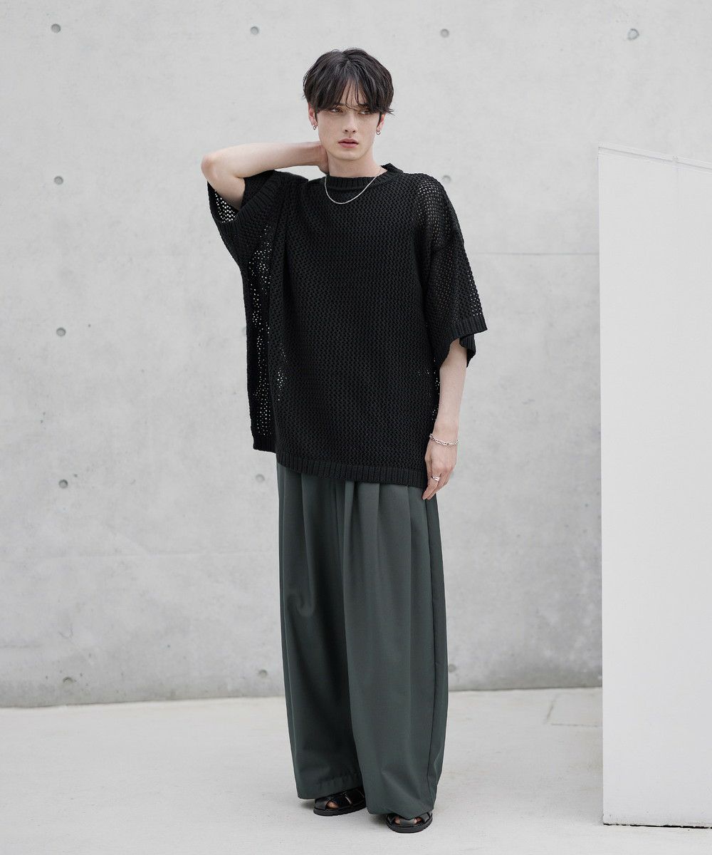 透かし編みメランジドルマンメッシュ5分袖ニット | ASTRONOMY