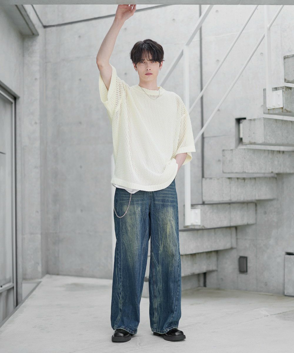 透かし編みメランジドルマンメッシュ5分袖ニット | ASTRONOMY