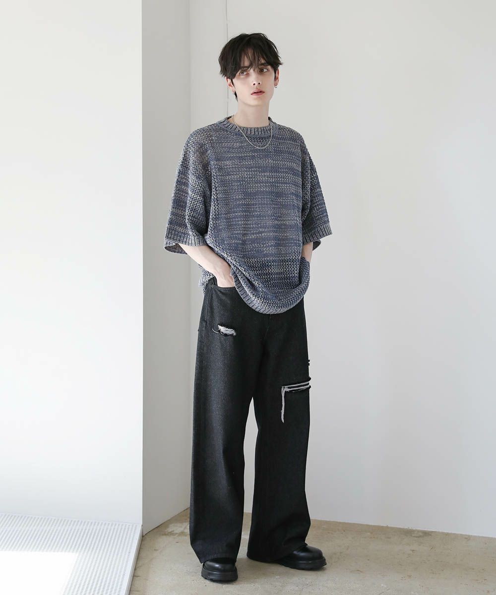 明日までお値下げ❗️【美品】ドゥーズィエムクラス☆アシメドルマンセーター 透かし編みメランジドルマンメッシュ5分袖ニット | ASTRONOMY