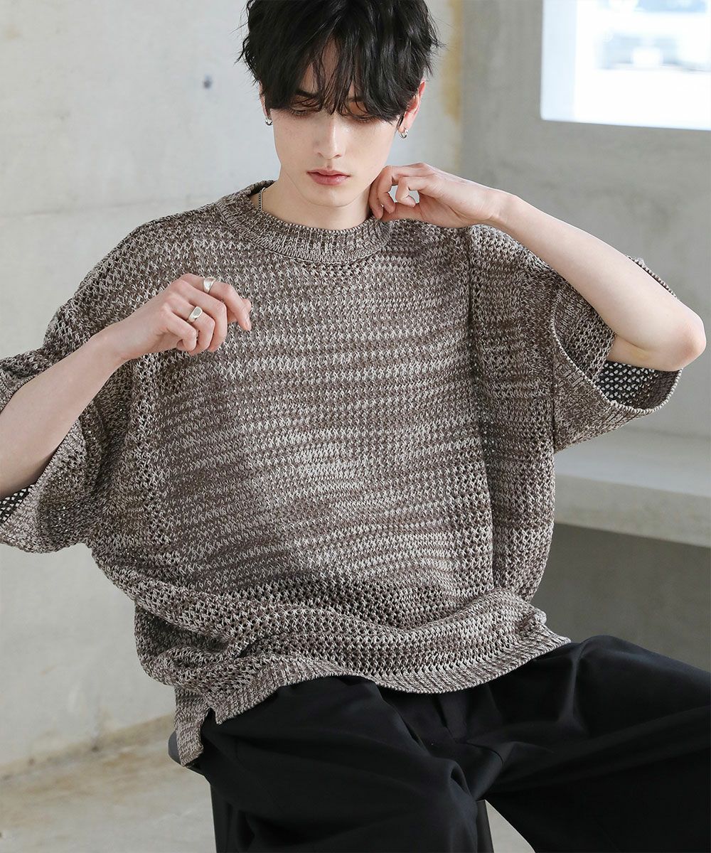 透かし編みメランジドルマンメッシュ5分袖ニット | ASTRONOMY