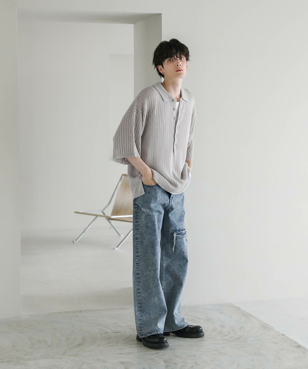 clane 透かし編みニット半袖Tシャツ 透かし編みニット半袖シャツ(M ブラック): トップス｜Right-on
