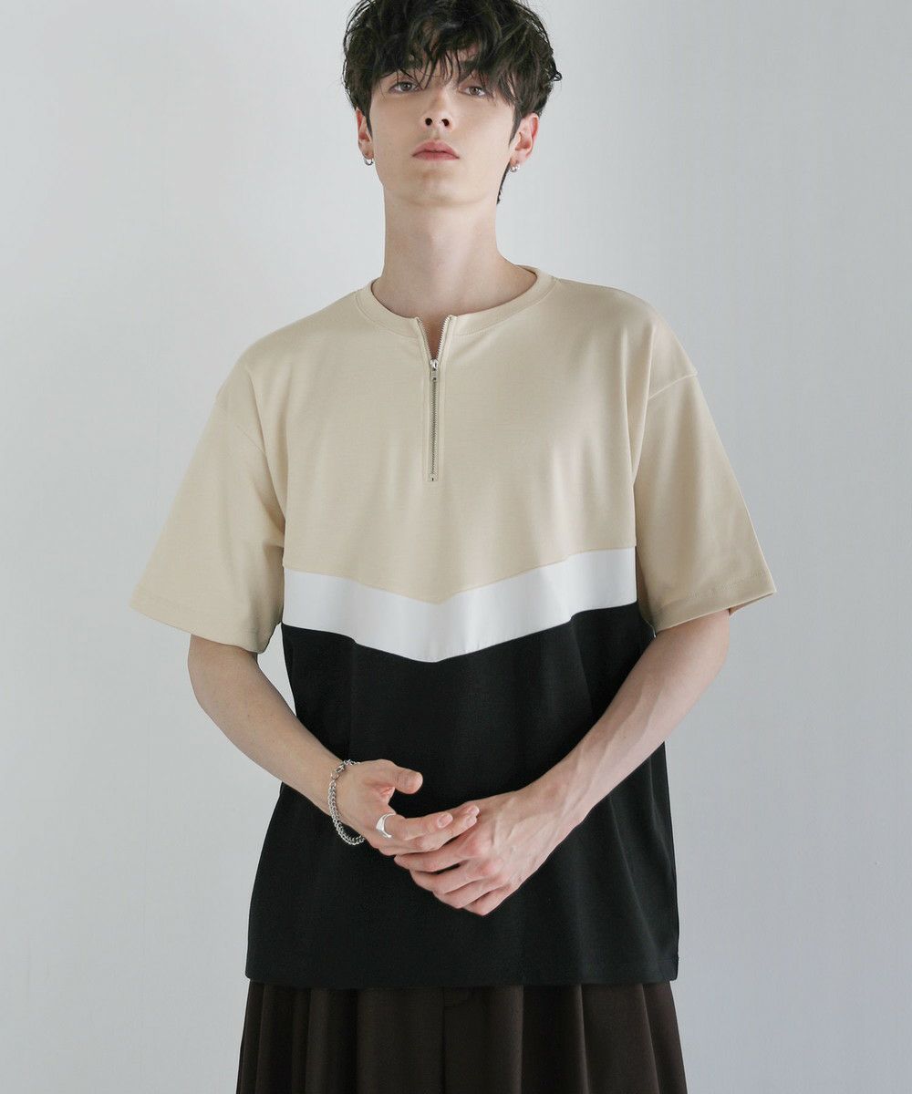 ポンチ×フェイクスウェードVCUT切替ハーフジップTシャツ | ASTRONOMY