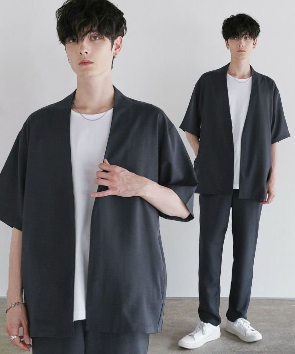 〓予約販売・7月中旬～8月上旬頃発送予定〓 接触冷感テックリネンノーカラー半袖カーデ/オープンカラー半袖シャツ＆テーパードパンツセットアップ