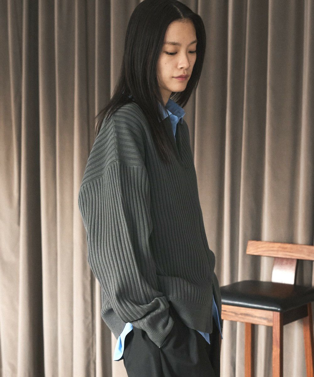 抗ピリング リブ編みジップニットポロカーディガン | ASTRONOMY